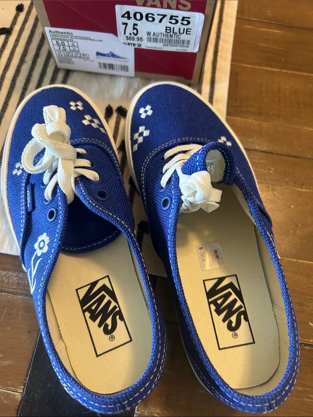 Vans embroidery blue marshmallow Canvas Slip-On Sneakers with White Laces